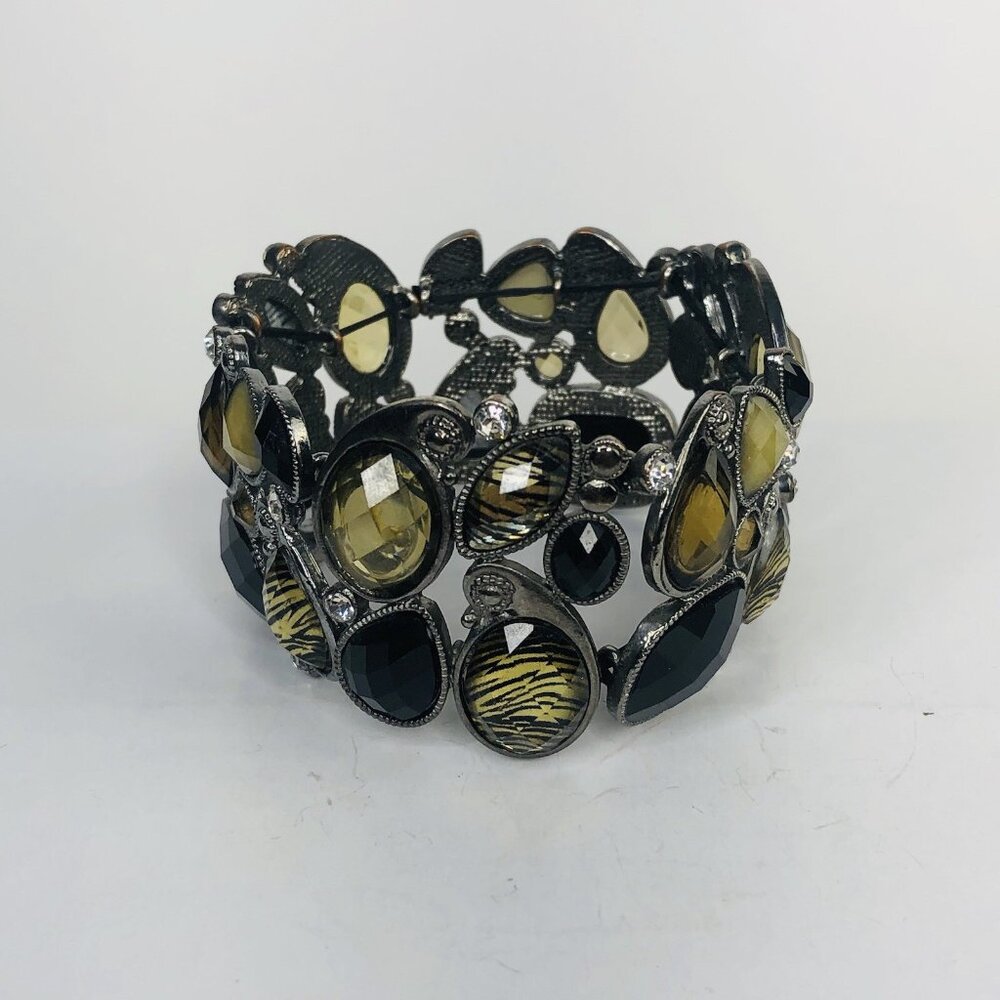 Lia Sophia Y2K Stretch Cuff Bracelet Crystals Cabochons Black Honey Gold Stones
